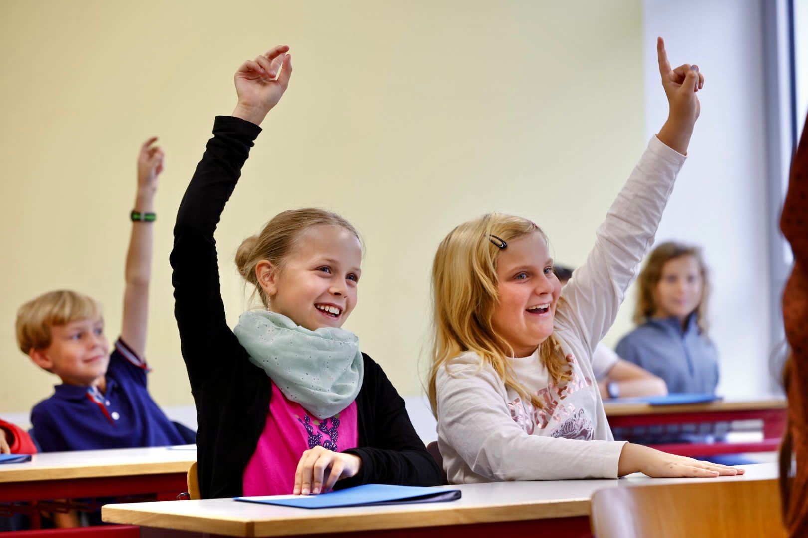 Man sieht Mädchen und Jungen in einem Klassenraum sitzen. Einige zeigen auf.