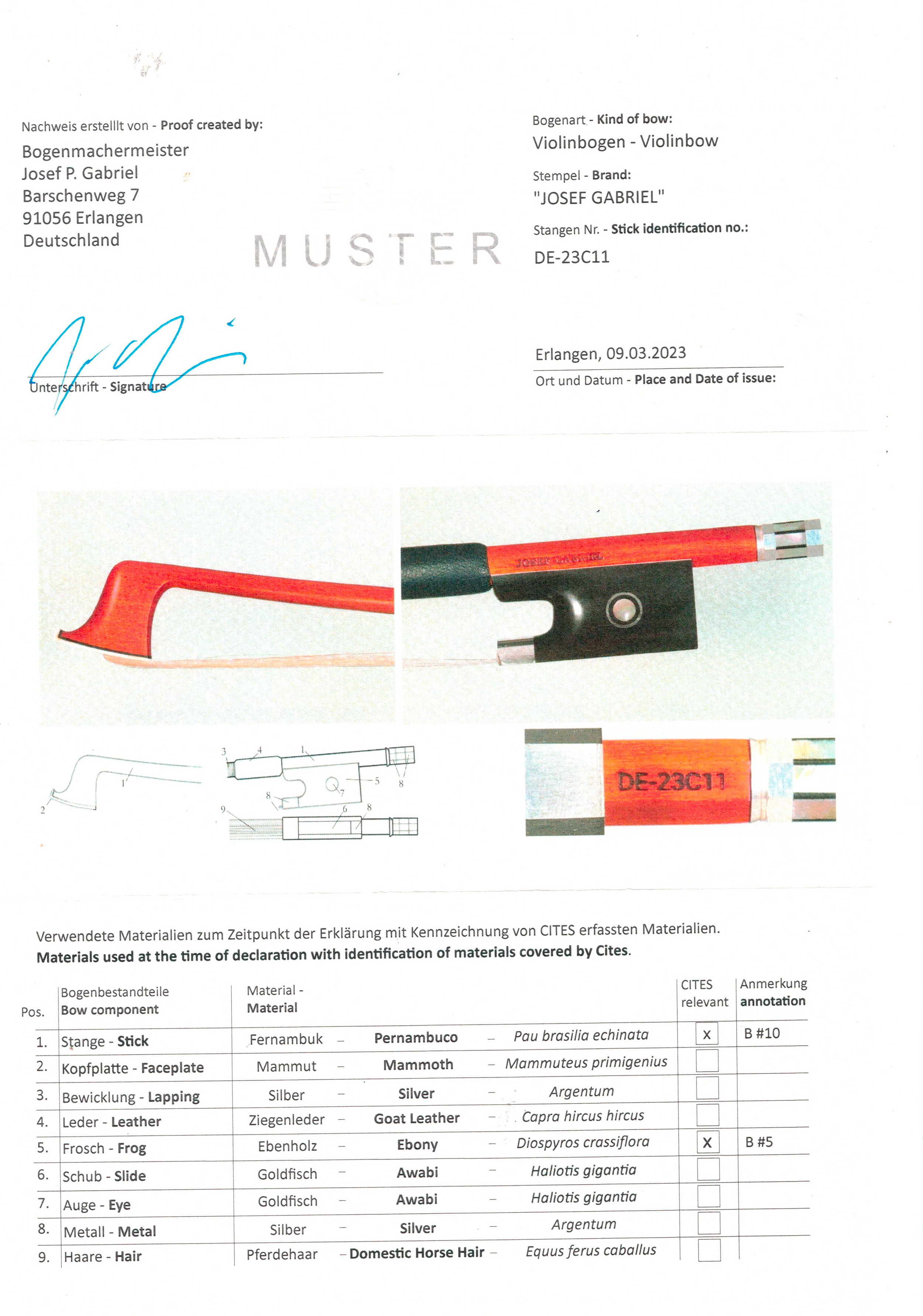 Bogenpass zum Nachweis der verwendeten artengeschützten Materialien – Vorderseite. © Josef Gabriel