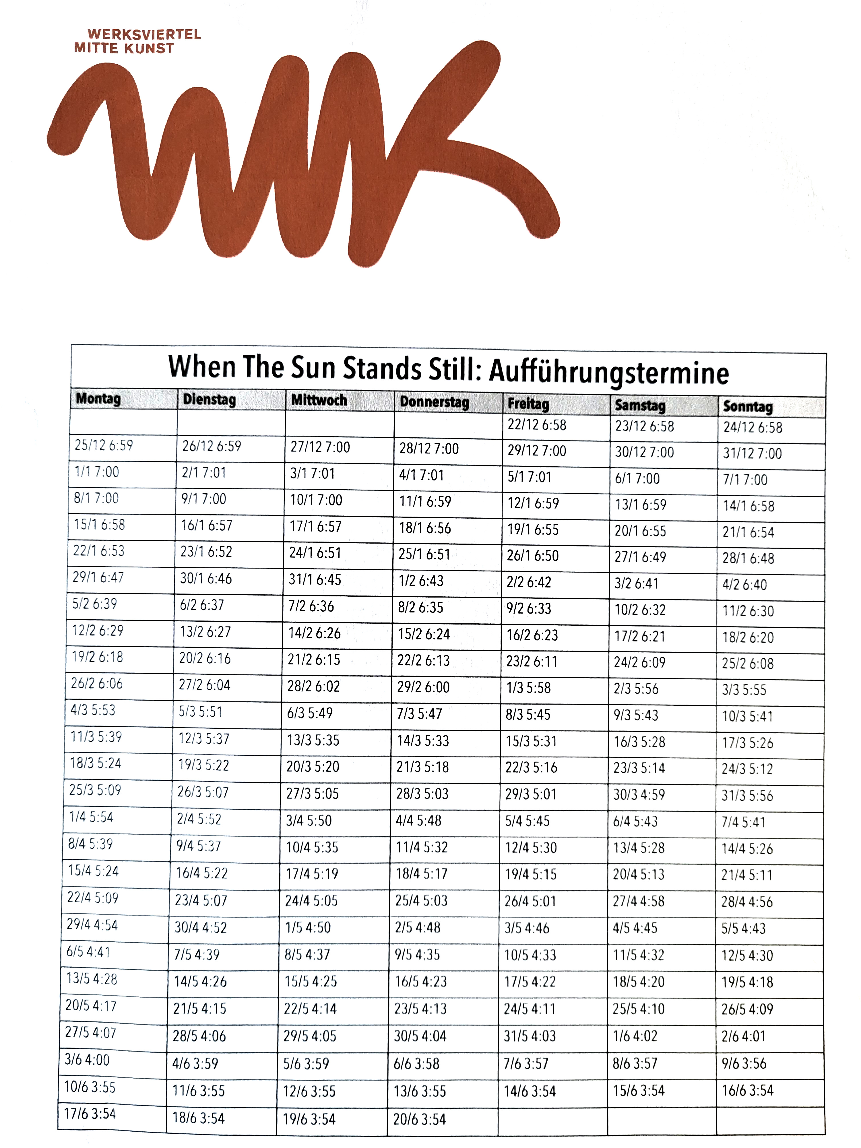 Eine Tabelle mit den jeweiligen Auftrittsterminen (= Sonnenaufgang) der Veranstaltung