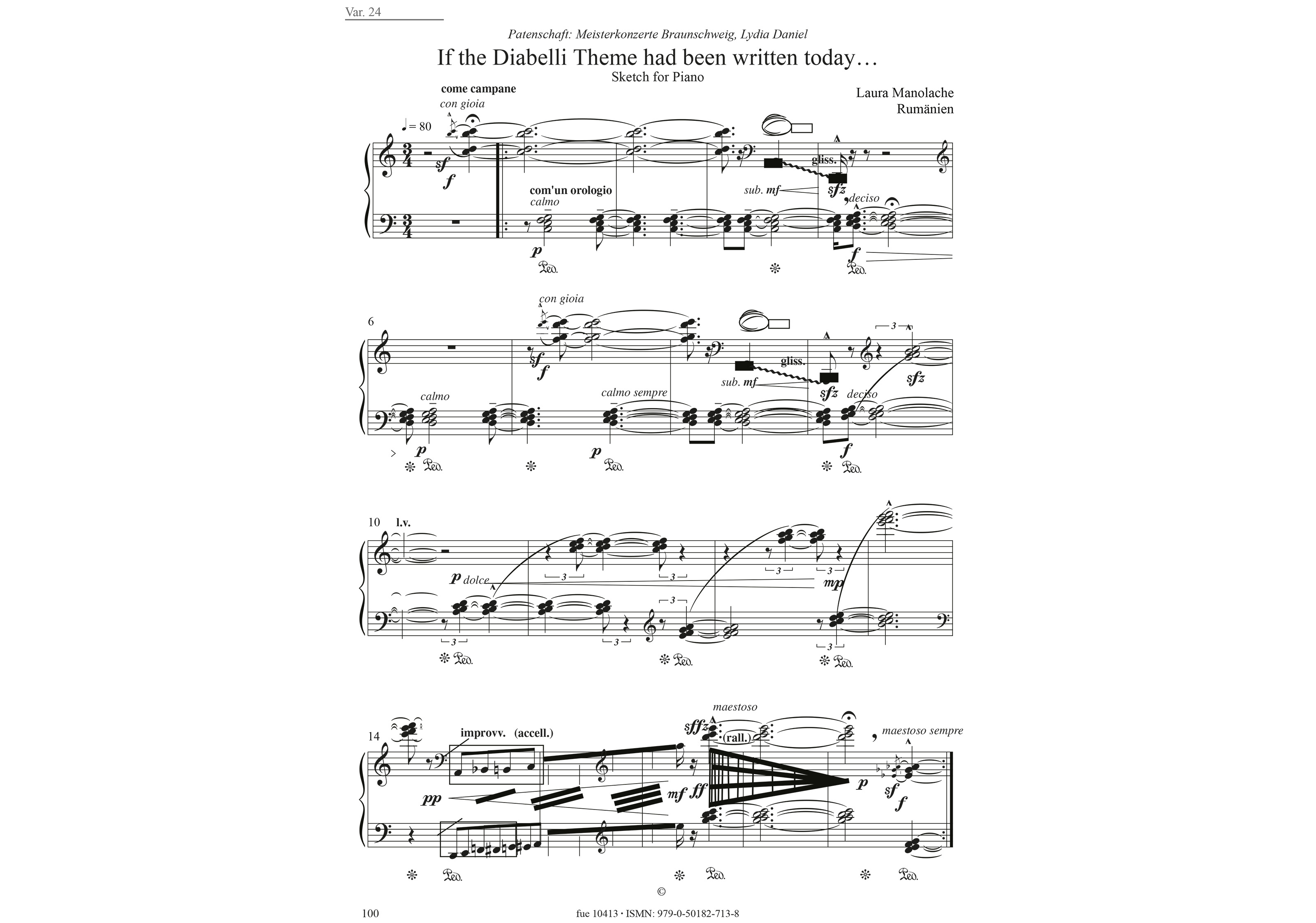 Laura Manolache: If the Diabelli Theme had been written today ….. Sketch for Piano (1. Seite). © Mit freundlicher Genehmigung Furore Verlag Kassel aus Diabelli Recomposed: 50 Variationen für Klavier, Furore Edition 10413