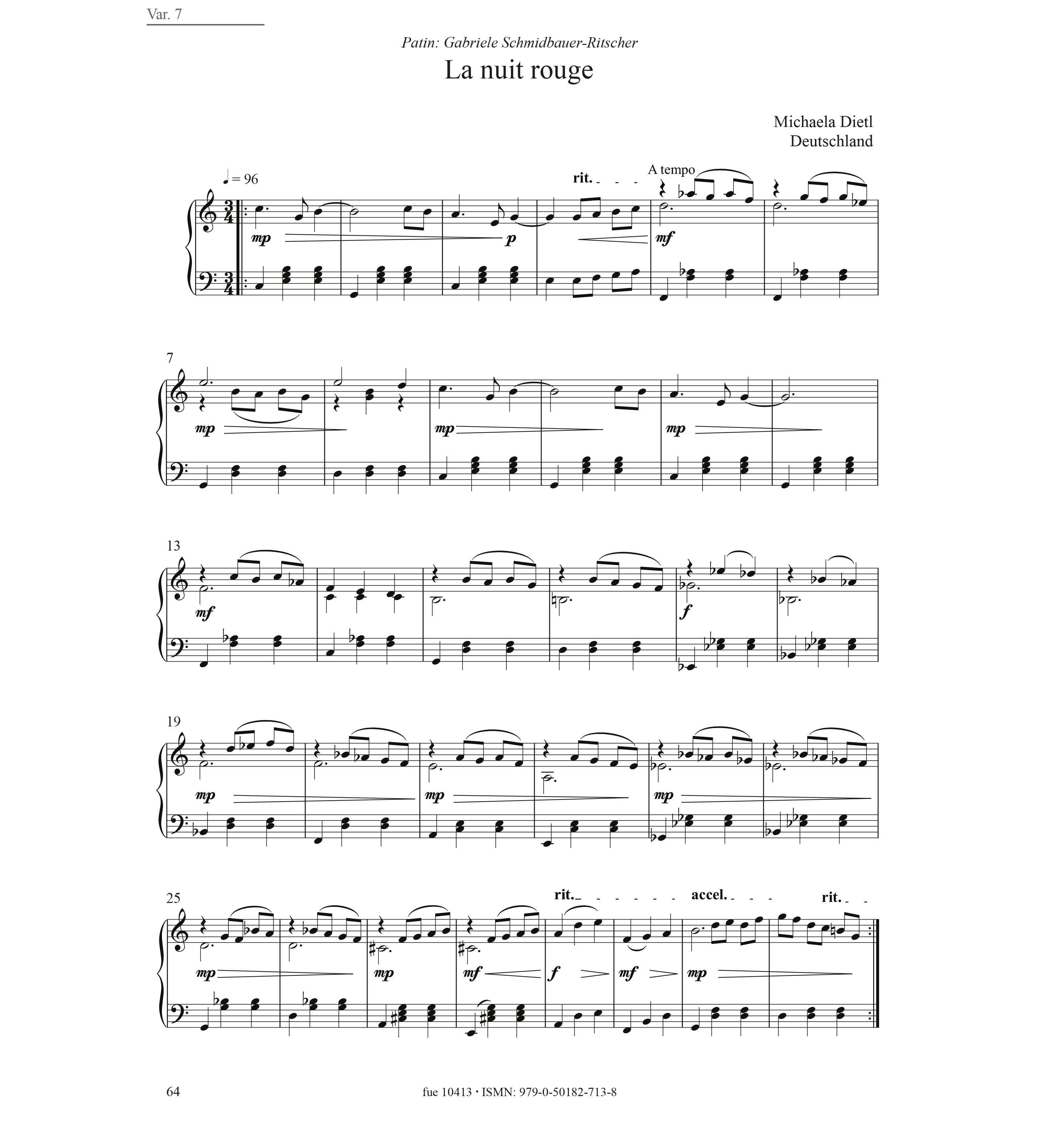 Michaela Dietl: La nuit rouge. © Mit freundlicher Genehmigung Furore Verlag Kassel aus Diabelli Recomposed: 50 Variationen für Klavier, Furore Edition 10413