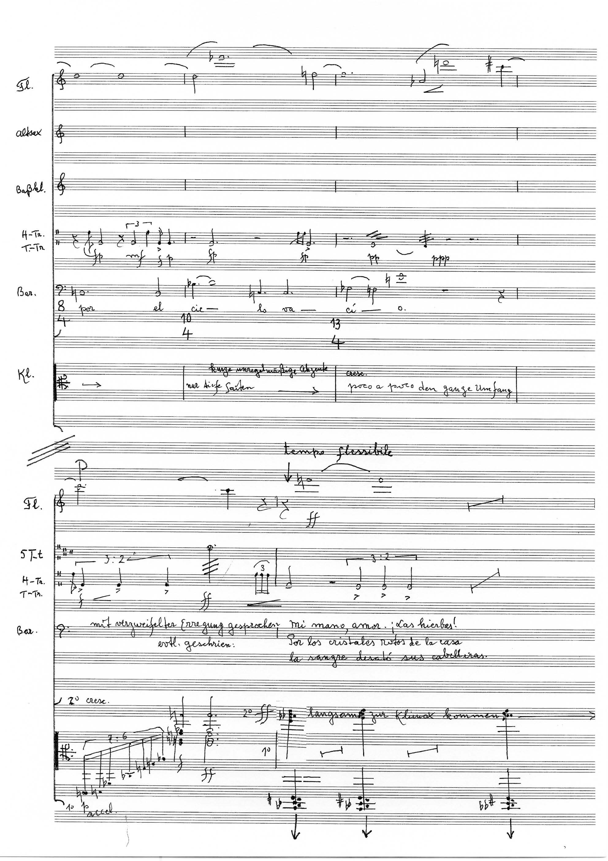 Juan Allende-Blin: „Por el cielo vacío / Durch den leeren Himmel“ (2024) Kantate für Bariton, Flöte, Altsaxophon, Bassklarinette, Klavier, Schlagzeug nach dem Gedicht Ruina von Federico García Lorca, Edition Gravis Verlag.