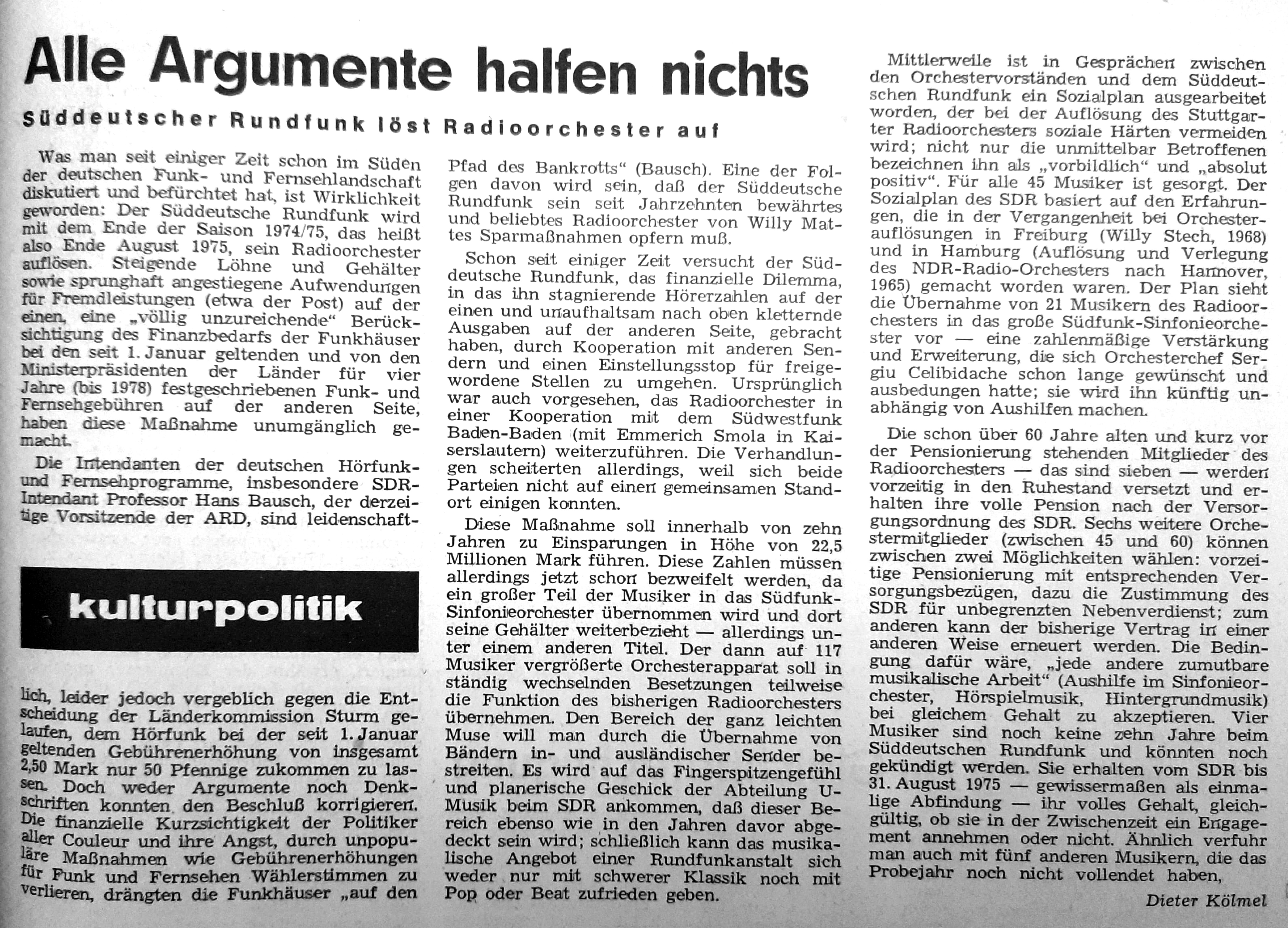 Dieter Kölmel, Neue Musikzeitung, XXIII. Jg., Nr. 4, August/September 1974