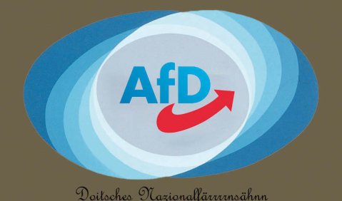 "Doitsches Nationalfernsehen" ist ein Schriftzug. Darüber das Logo der AfD in blauen Ovalen. Drumherum ein tendenziell fäkalbrauner Hintergrund.