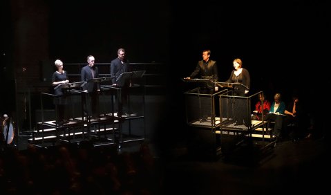 Das trennende Meer: In Silvia Rosanis „T-O“ stehen Countertenor und Sopran einem Terzett mit Sopran, Tenor und Bass gegenüber. Foto: Charlotte Oswald