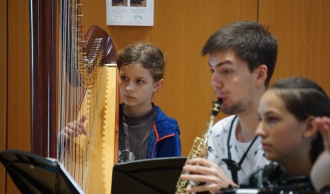 Drei jugendliche Musiker:innen. Eine Harfenistin, ein Saxofonist und eine Akkordeonistin.