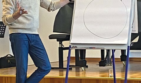 Andreas Burzik, ein Mann mittleren Alters, steht im Pullover, Hemd und Jeans in einem Kammermusiksaal an einer Flipchart.