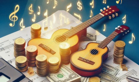 Zwei Gitarrenmodelle liegen mit Münzen auf Geldscheinen. Unten im Bild ist ein Taschenrechner zu sehen. Das Ensemble liegt auf einem Notenblatt und von oben leuchtet ein Licht, darin goldene Notationszeichen und Dollarzeichen.