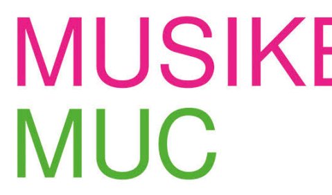 Logo: Musikbüro Muc. Neben den beiden Worten (Musikbüro oben in Pink, Muc in Grün darunter) zeigt das logo links davon zwei Dreiecke, die sich mit der Spitze berühren: das linke pink, das recht grün.