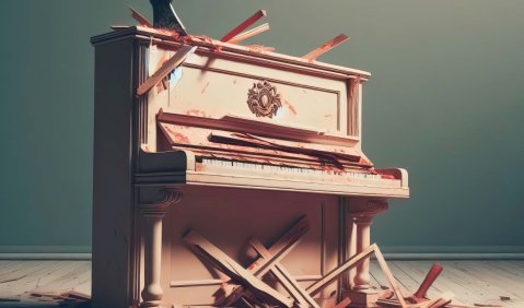 Ein animiertes Bild von einem kaputten Klavier mit einer Axt darin.