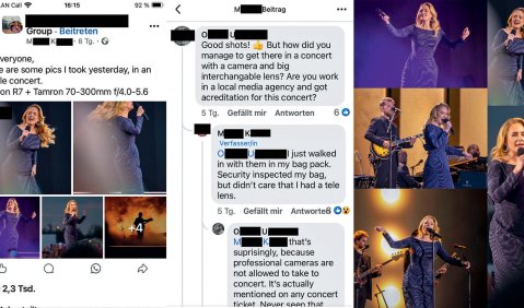 Eine Collage von Screenshots von Social-Media-Posts. Eine Person teilt Fotos vom Adele-Konzert, die mit professioneller Kamera geschossen wurden. Die Kommentarspalte ist voll von Unverständnis, wie derjenige die Profi-Kamera an den Sicherheitsleuten vorbeigebracht hat.