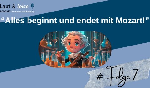 Titel: „Alles beginnt und endet mit Mozart!“ und ein Cartoon-Mozart in einem Labor.