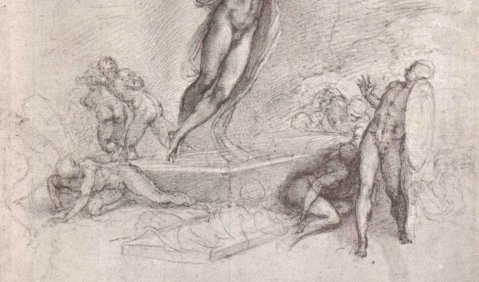 Michelangelo Buonarroti: Auferstehung. 1550–1564, Schwarze Kreide auf Papier, 32,6 × 28,6 cm